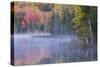 Autumn colors and mist on Council Lake at sunrise, Hiawatha National Forest, Michigan.-Adam Jones-Stretched Canvas