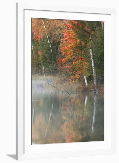 Autumn colors and mist on Council Lake at sunrise, Hiawatha National Forest, Michigan.-Adam Jones-Framed Premium Photographic Print