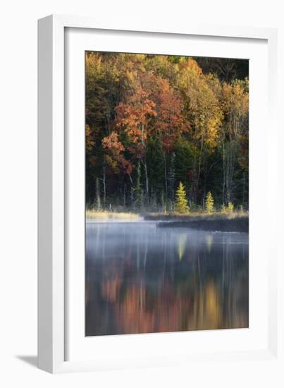 Autumn colors and mist on Council Lake at sunrise, Hiawatha National Forest, Michigan.-Adam Jones-Framed Photographic Print