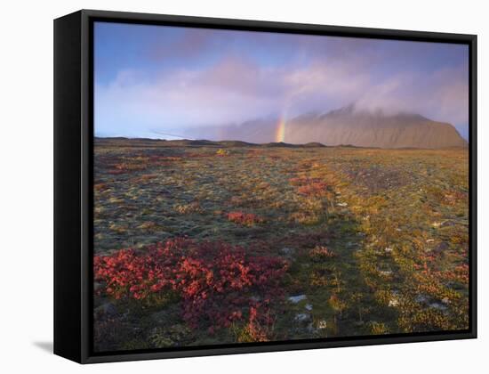 Autumn Colours and Rainbow over Illuklettar Near Skaftafellsjokull Glacier Seen in the Distance-Patrick Dieudonne-Framed Stretched Canvas