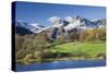 Autumn Colours Beside Loughrigg Tarn with Views to the Snow Dusted Mountains of the Langdale Pikes-Adam Burton-Stretched Canvas