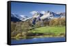 Autumn Colours Beside Loughrigg Tarn with Views to the Snow Dusted Mountains of the Langdale Pikes-Adam Burton-Framed Stretched Canvas