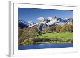 Autumn Colours Beside Loughrigg Tarn with Views to the Snow Dusted Mountains of the Langdale Pikes-Adam Burton-Framed Photographic Print