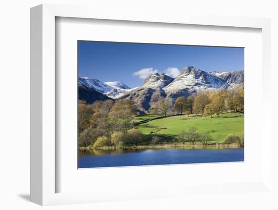 Autumn Colours Beside Loughrigg Tarn with Views to the Snow Dusted Mountains of the Langdale Pikes-Adam Burton-Framed Photographic Print