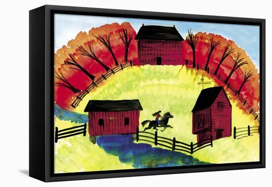 Autumn Country Red Barn Horse Ride-Cheryl Bartley-Framed Stretched Canvas