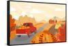 Autumn Countryside Landscape with a Red Car with Pumpkins on the Road-Darya Yahmina-Framed Stretched Canvas