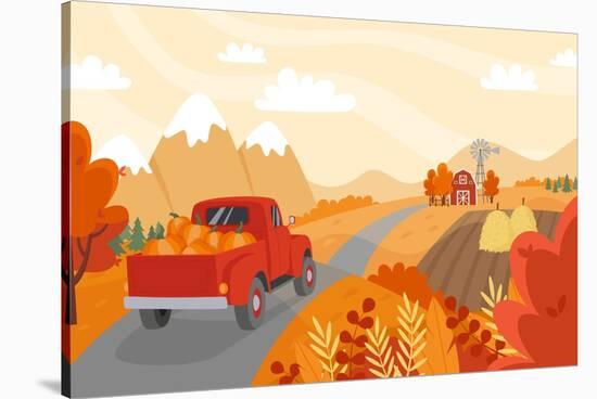 Autumn Countryside Landscape with a Red Car with Pumpkins on the Road-Darya Yahmina-Stretched Canvas