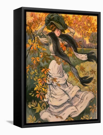 Autumn Cover of French Periodical Les Modes Showing Fashionable Woman Alone in Park-Felix Fournery-Framed Stretched Canvas