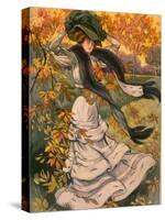 Autumn Cover of French Periodical Les Modes Showing Fashionable Woman Alone in Park-Felix Fournery-Stretched Canvas