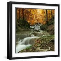 Autumn Creek Woods with Yellow Trees Foliage and Rocks in Forest Mountain.-Irochka-Framed Photographic Print