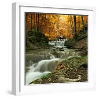 Autumn Creek Woods with Yellow Trees Foliage and Rocks in Forest Mountain.-Irochka-Framed Photographic Print