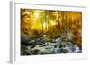 Autumn Creek Woods with Yellow Trees Foliage and Rocks in Forest Mountain.-Irochka-Framed Photographic Print