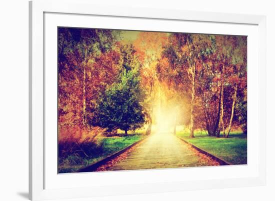 Autumn, Fall Park. Wooden Path towards the Sun. Colorful Leaves, Romantic Aura and Concepts of New-Michal Bednarek-Framed Photographic Print