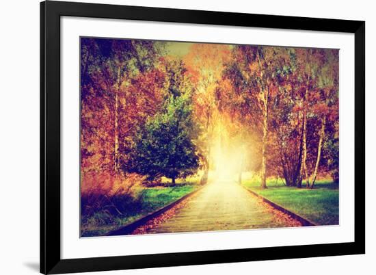Autumn, Fall Park. Wooden Path towards the Sun. Colorful Leaves, Romantic Aura and Concepts of New-Michal Bednarek-Framed Photographic Print