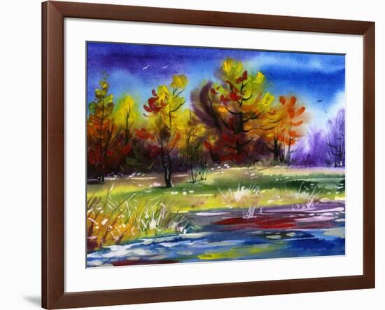 Autumn Landscape Wood On The Bank Of Lake-balaikin2009-Framed Art Print