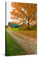 Autumn leaves, red barn and dirt path in Litchfield Hills of Connecticut-null-Stretched Canvas