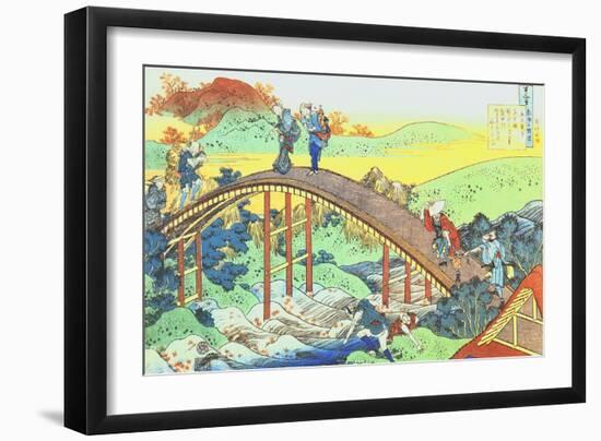 Autumn, red sycamore leaves on the river Tatsuta; farmers and a couple with child crossing a bridge-Katsushika Hokusai-Framed Giclee Print