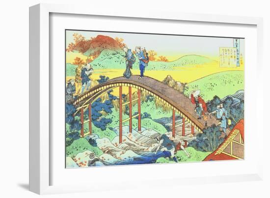 Autumn, red sycamore leaves on the river Tatsuta; farmers and a couple with child crossing a bridge-Katsushika Hokusai-Framed Giclee Print