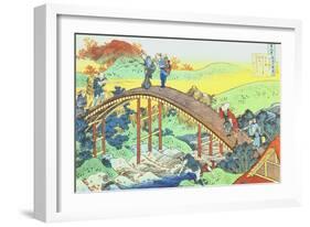 Autumn, red sycamore leaves on the river Tatsuta; farmers and a couple with child crossing a bridge-Katsushika Hokusai-Framed Giclee Print