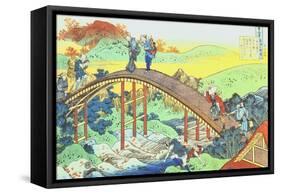 Autumn, red sycamore leaves on the river Tatsuta; farmers and a couple with child crossing a bridge-Katsushika Hokusai-Framed Stretched Canvas