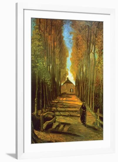 Autumn Tree Lined Lane Leading To a Farm House-Vincent van Gogh-Framed Art Print