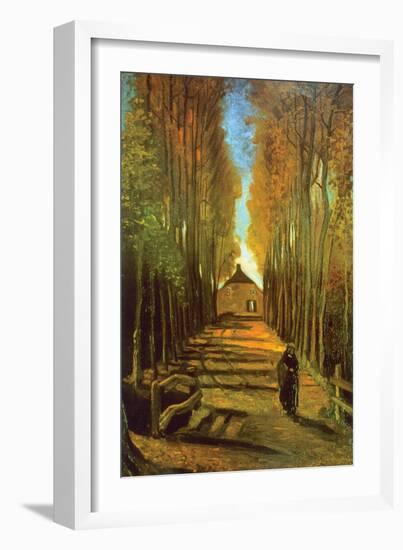 Autumn Tree Lined Lane Leading To a Farm House-Vincent van Gogh-Framed Art Print