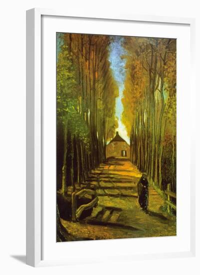Autumn Tree Lined Lane Leading To a Farm House-Vincent van Gogh-Framed Art Print