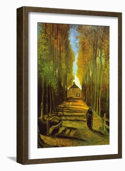 Autumn Tree Lined Lane Leading To a Farm House-Vincent van Gogh-Framed Art Print