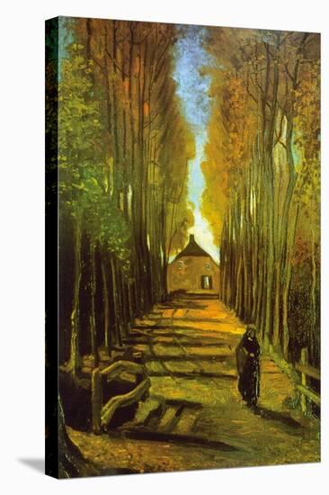 Autumn Tree Lined Lane Leading To a Farm House-Vincent van Gogh-Stretched Canvas