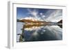 Autumn woods and snowcapped mountains mirrored in the clear water of Champfer lake at sunset-Roberto Moiola-Framed Photographic Print