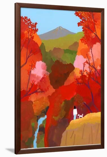 Autumnal leaves and waterfalls-Hiroyuki Izutsu-Framed Giclee Print