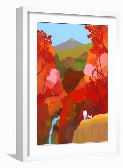 Autumnal leaves and waterfalls-Hiroyuki Izutsu-Framed Giclee Print