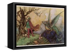 Avenant Confronts a Fearsome Dragon-Warwick Goble-Framed Stretched Canvas