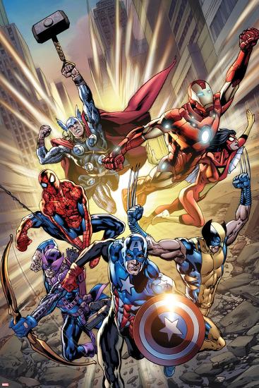 Avengers: Age of Ultron No.0.1 Cover: Captain America, Wolverine, Hawkeye, Spider-Man and Others-Bryan Hitch-Lamina Framed Poster