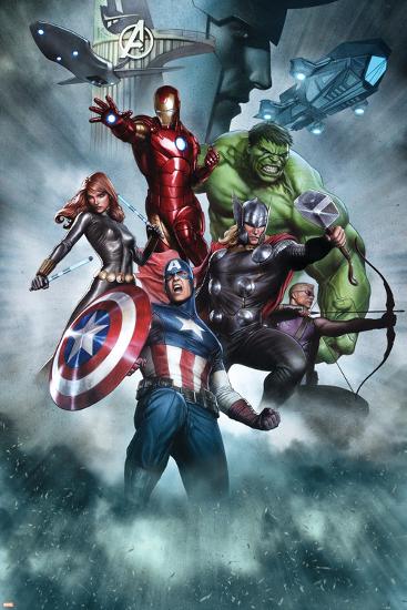 Avengers Assemble Artwork with Thor, Hulk, Iron Man, Captain America, Hawkeye, Black Widow, Loki-null-Lamina Framed Poster