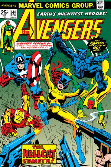 Avengers No.144 Cover: Hellcat, Captain America, Iron Man, Beast, Vision and Avengers Charging-George Perez-Lamina Framed Poster