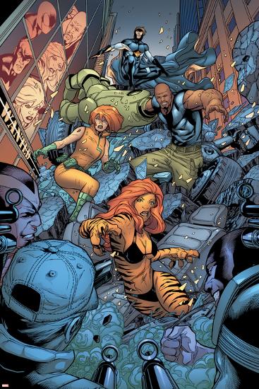 Avengers: The Initiative No.26 Group: Tigra, Ultragirl, Gauntlet and Justice Jumping-Rafa Sandoval-Lamina Framed Poster