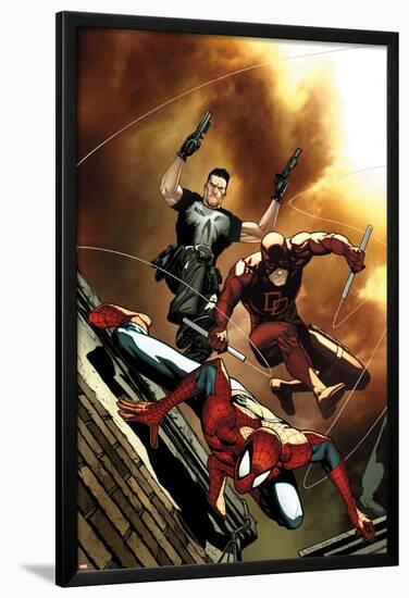 Avenging Spider-Man No.6 Cover: Spider-Man, Daredevil, and Punisher Jumping-Steve MCNiven-Lamina Framed Poster
