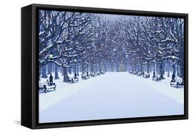 Avenue of Trees, Street Lamps and Benches in a Snow Covered Park-Milovelen-Framed Stretched Canvas