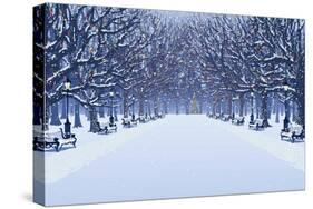 Avenue of Trees, Street Lamps and Benches in a Snow Covered Park-Milovelen-Stretched Canvas