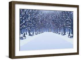 Avenue of Trees, Street Lamps and Benches in a Snow Covered Park-Milovelen-Framed Art Print