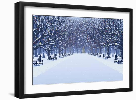 Avenue of Trees, Street Lamps and Benches in a Snow Covered Park-Milovelen-Framed Art Print