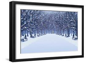 Avenue of Trees, Street Lamps and Benches in a Snow Covered Park-Milovelen-Framed Art Print