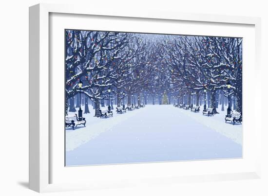 Avenue of Trees, Street Lamps and Benches in a Snow Covered Park-Milovelen-Framed Art Print