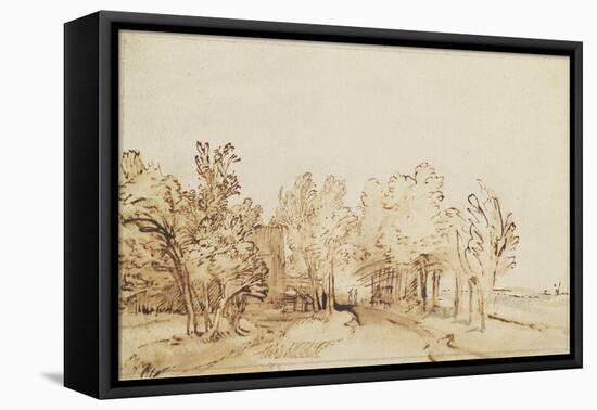 Avenue with a Footpath and a Farmhouse on the Left-Rembrandt van Rijn-Framed Stretched Canvas