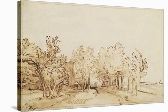 Avenue with a Footpath and a Farmhouse on the Left-Rembrandt van Rijn-Stretched Canvas