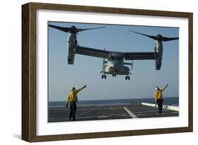 Aviation Boatswain's Mates Direct an MV-22 Osprey as it Launches from the Flight Deck-null-Framed Photographic Print