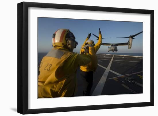 Aviation Boatswain's Mates Direct an MV-22 Osprey on the Flight Deck-null-Framed Photographic Print