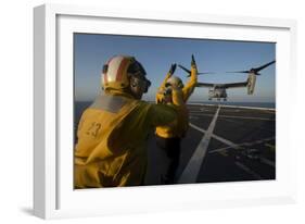 Aviation Boatswain's Mates Direct an MV-22 Osprey on the Flight Deck-null-Framed Photographic Print