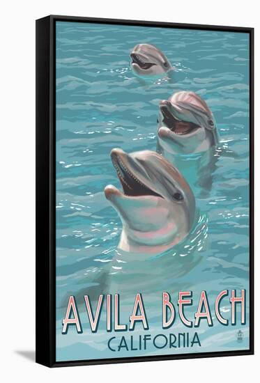 Avila Beach, CA - Dolphins-Lantern Press-Framed Stretched Canvas